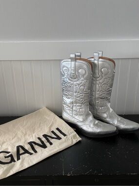 GANNI Mid Shaft Embroidered Western Boots Silver - 38 EU, 8 US